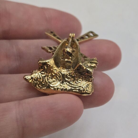 Vintage 1928 Windmill Standing Brooch Pin Faux Pearl Rhinestone Gold Tone Rare - Picture 3 of 4